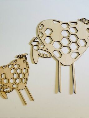 Wooden Bee and Honeycomb Garden Stakes - Natural